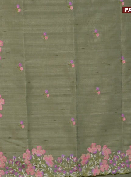 Semi raw silk saree elaichi green with embroidery work buttas and floral design embroidery work border