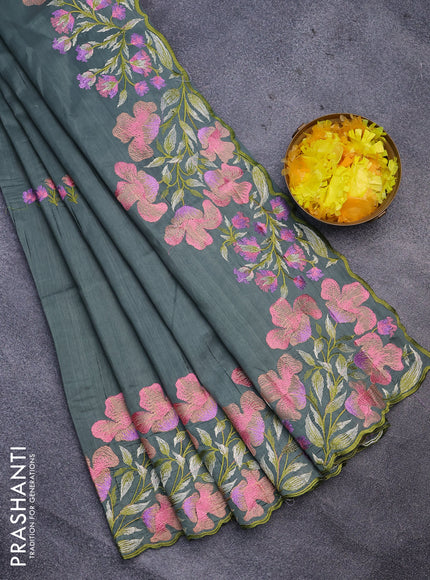 Semi raw silk saree pastel green with embroidery work buttas and floral design embroidery work border