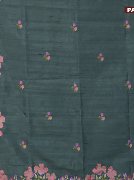 Semi raw silk saree pastel green with embroidery work buttas and floral design embroidery work border