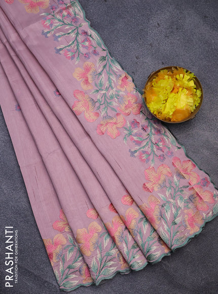 Semi raw silk saree pastel pink with embroidery work buttas and floral design embroidery work border