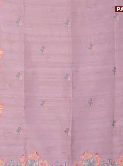 Semi raw silk saree pastel pink with embroidery work buttas and floral design embroidery work border