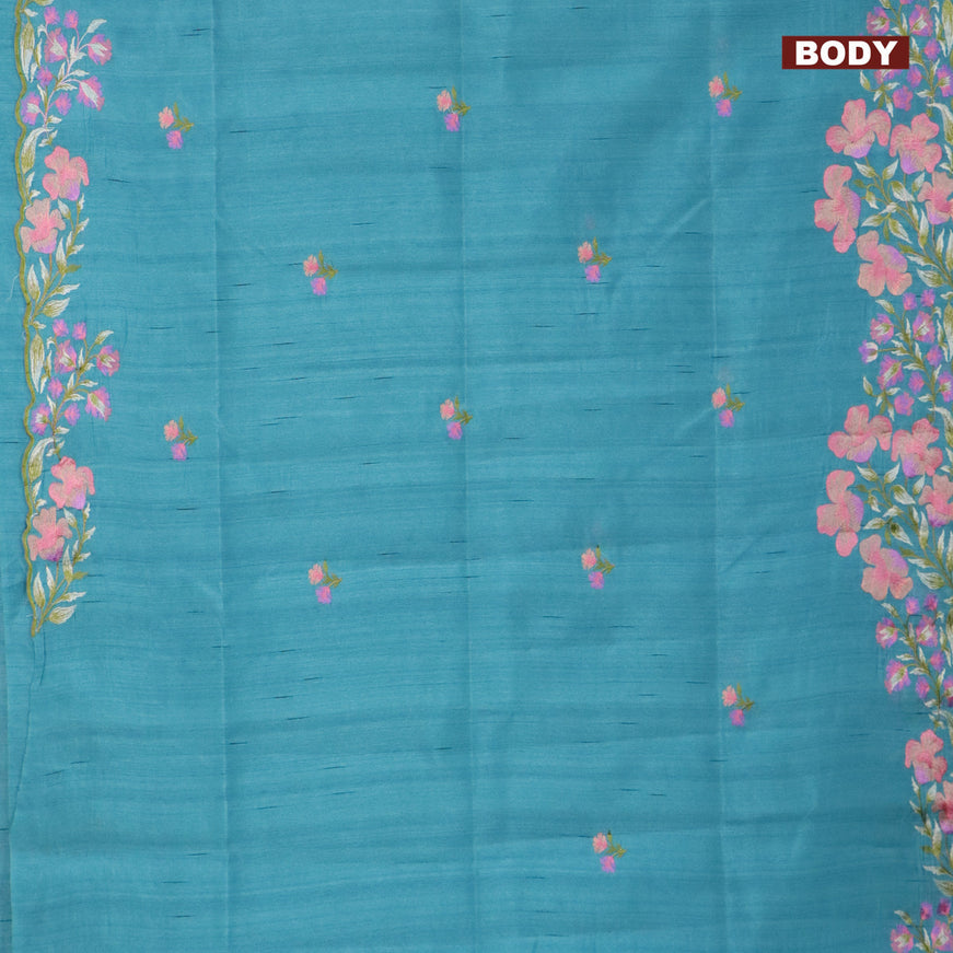 Semi raw silk saree teal blue with embroidery work buttas and floral design embroidery work border