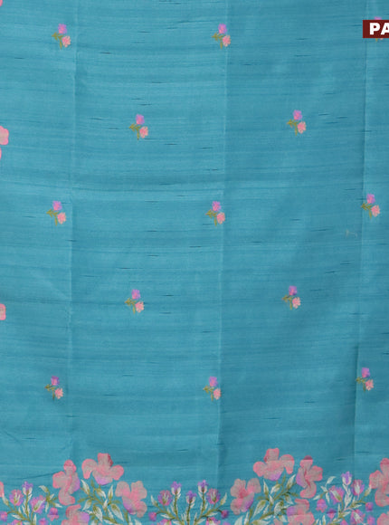 Semi raw silk saree teal blue with embroidery work buttas and floral design embroidery work border