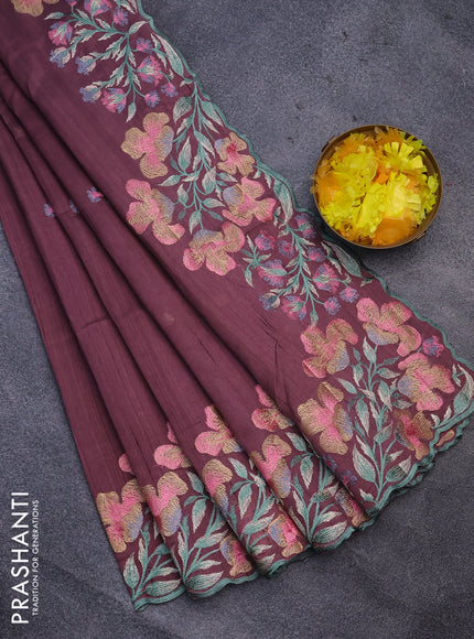 Semi raw silk saree pastel brown shade with embroidery work buttas and floral design embroidery work border