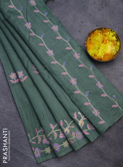 Semi raw silk saree pastel green with embroidery work buttas and floral design embroidery work border