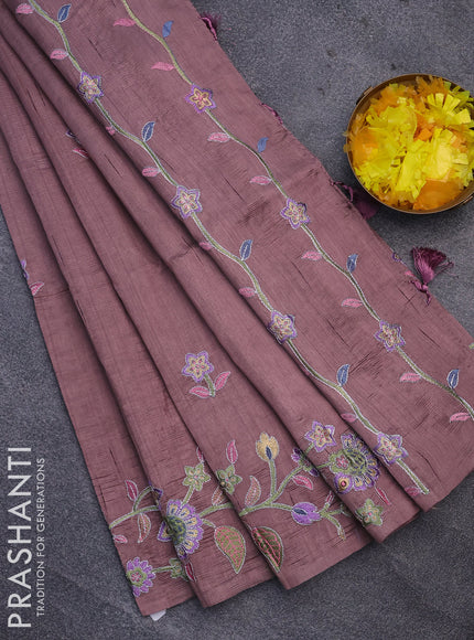 Semi raw silk saree rosey brown with embroidery work buttas and floral design embroidery work border