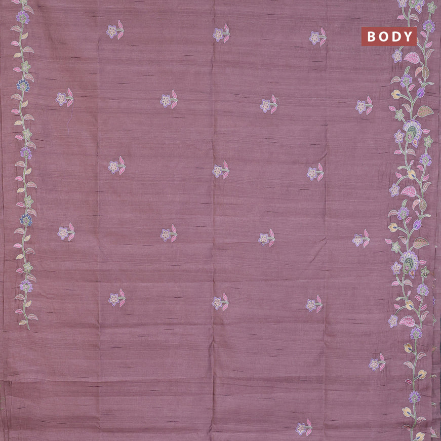 Semi raw silk saree rosey brown with embroidery work buttas and floral design embroidery work border