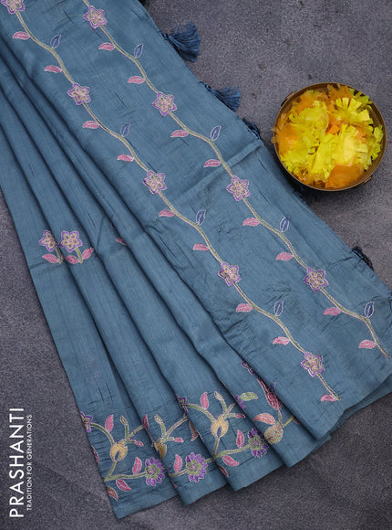 Semi raw silk saree pastel blue shade with embroidery work buttas and floral design embroidery work border