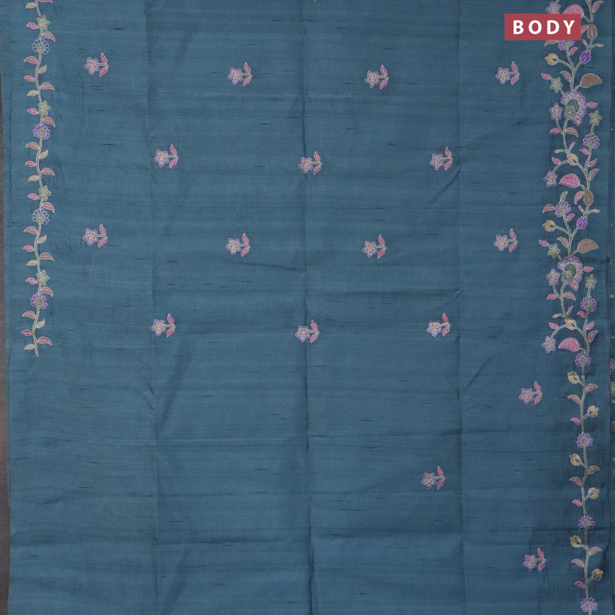 Semi raw silk saree pastel blue shade with embroidery work buttas and floral design embroidery work border