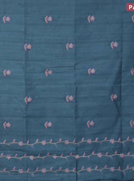 Semi raw silk saree pastel blue shade with embroidery work buttas and floral design embroidery work border