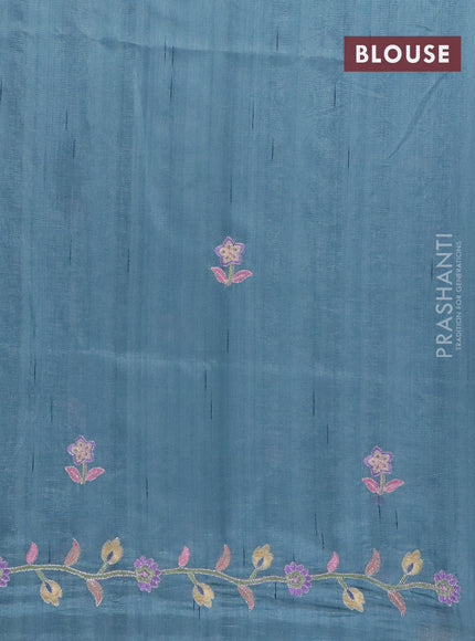 Semi raw silk saree pastel blue shade with embroidery work buttas and floral design embroidery work border