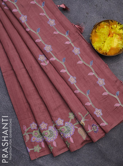 Semi raw silk saree pastel brown with embroidery work buttas and floral design embroidery work border