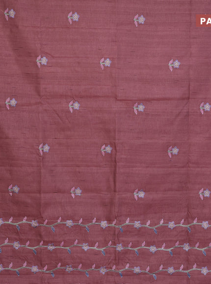 Semi raw silk saree pastel brown with embroidery work buttas and floral design embroidery work border