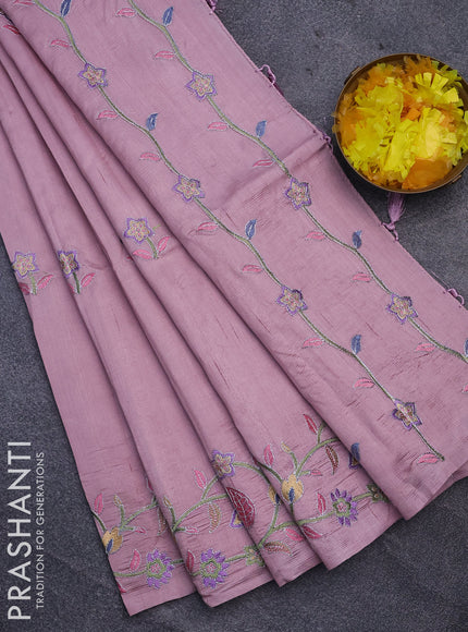 Semi raw silk saree pastel pink with embroidery work buttas and floral design embroidery work border