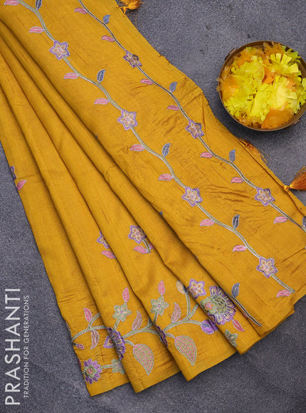 Semi raw silk saree mustard yellow with embroidery work buttas and floral design embroidery work border