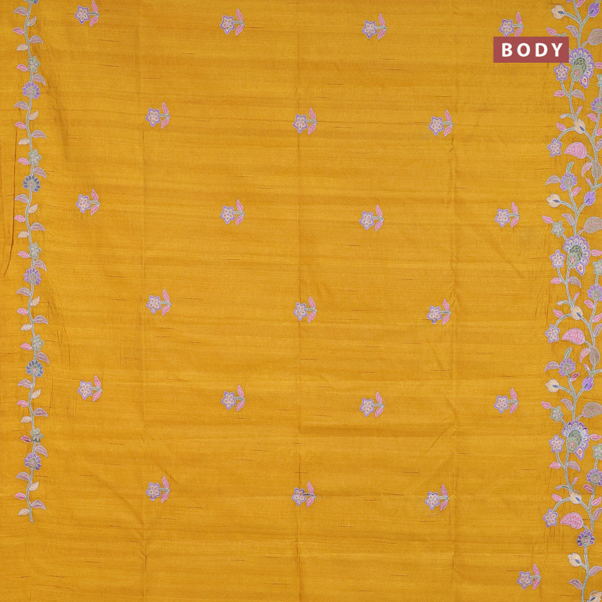 Semi raw silk saree mustard yellow with embroidery work buttas and floral design embroidery work border