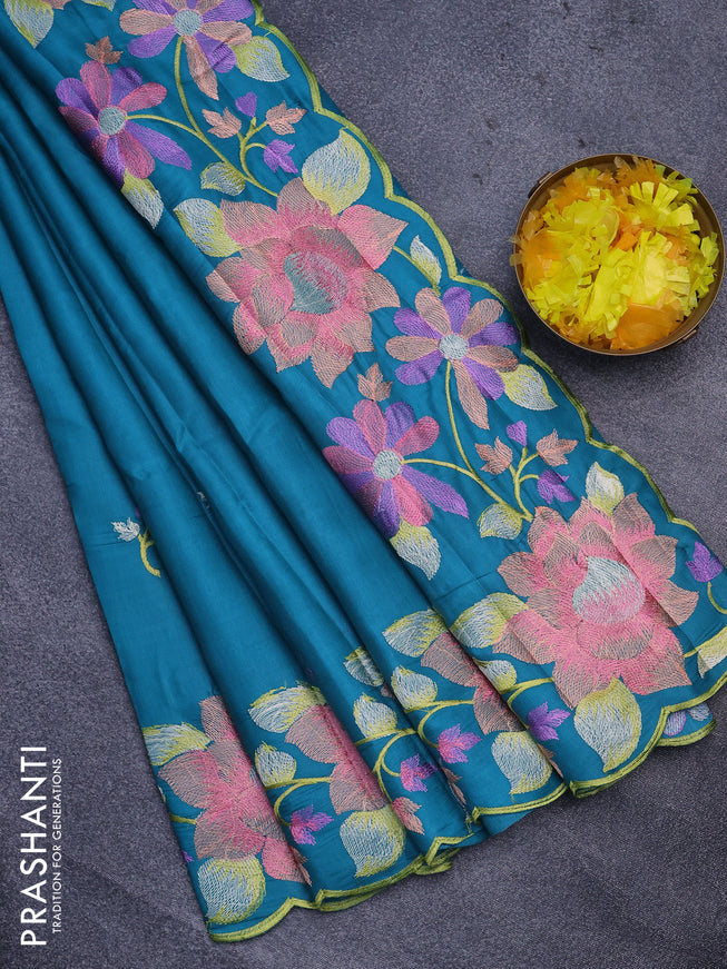 Semi raw silk saree teal green with embroidery work buttas and floral design embroidery work border