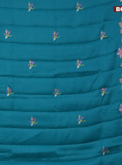 Semi raw silk saree teal green with embroidery work buttas and floral design embroidery work border