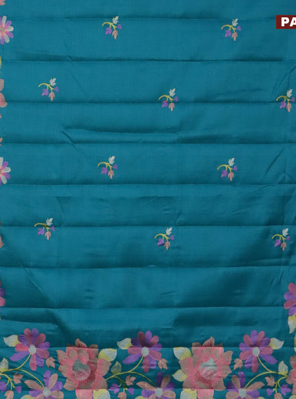 Semi raw silk saree teal green with embroidery work buttas and floral design embroidery work border