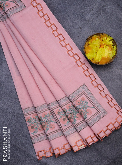 Semi raw silk saree peach pink with embroidery work buttas and embroidery work border