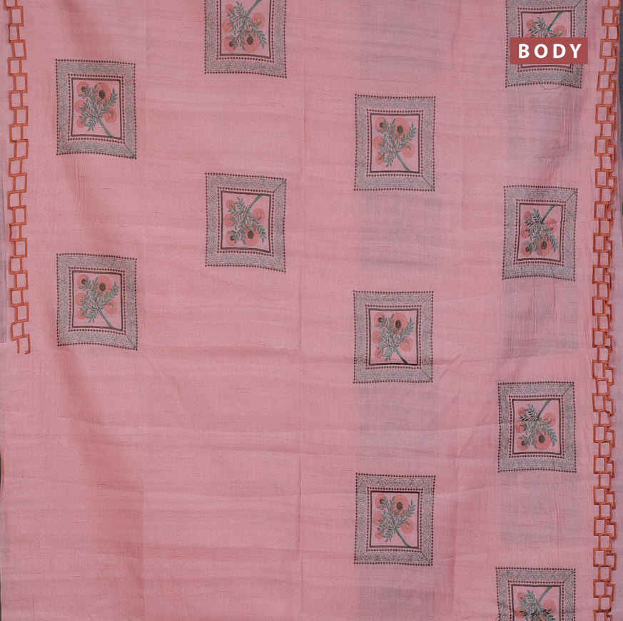 Semi raw silk saree peach pink with embroidery work buttas and embroidery work border