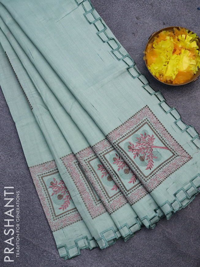 Semi raw silk saree pastel green with embroidery work buttas and embroidery work border