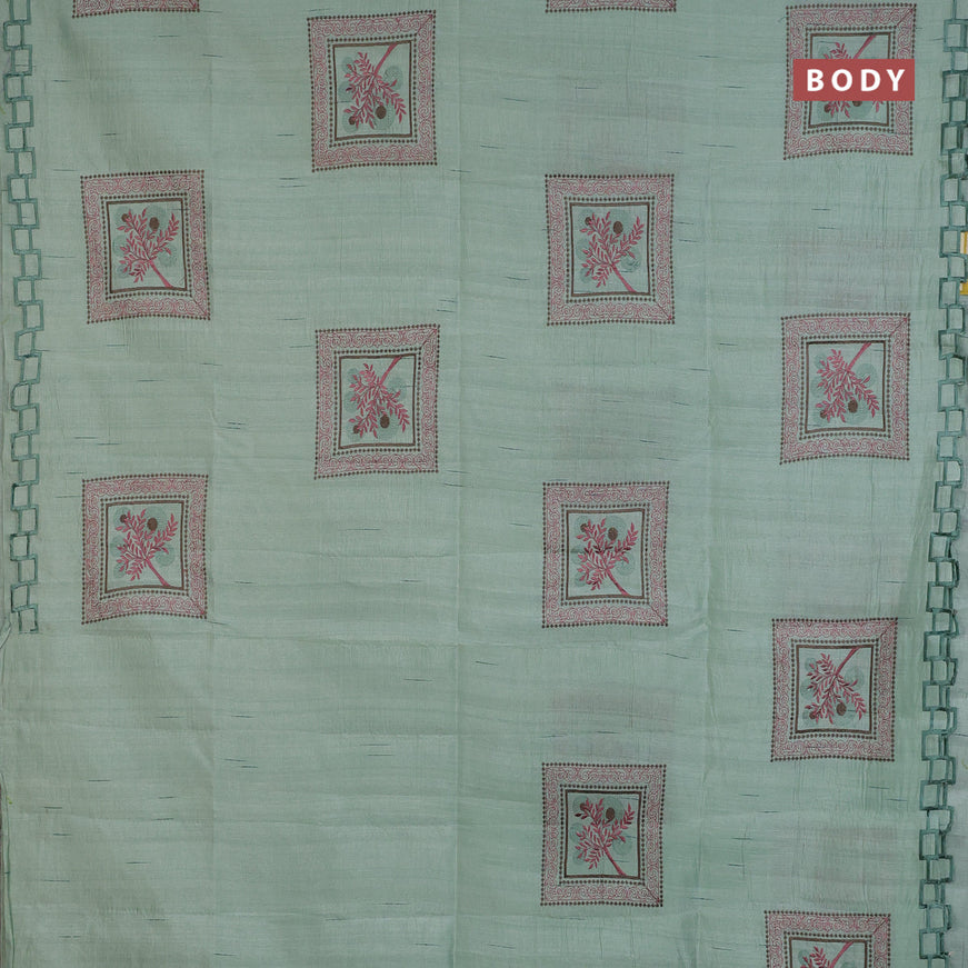 Semi raw silk saree pastel green with embroidery work buttas and embroidery work border