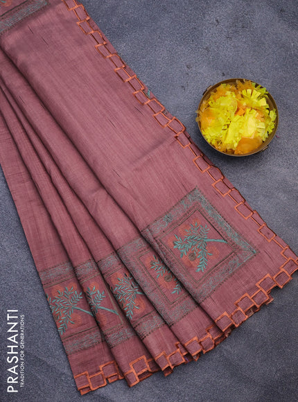 Semi raw silk saree brown with embroidery work buttas and embroidery work border