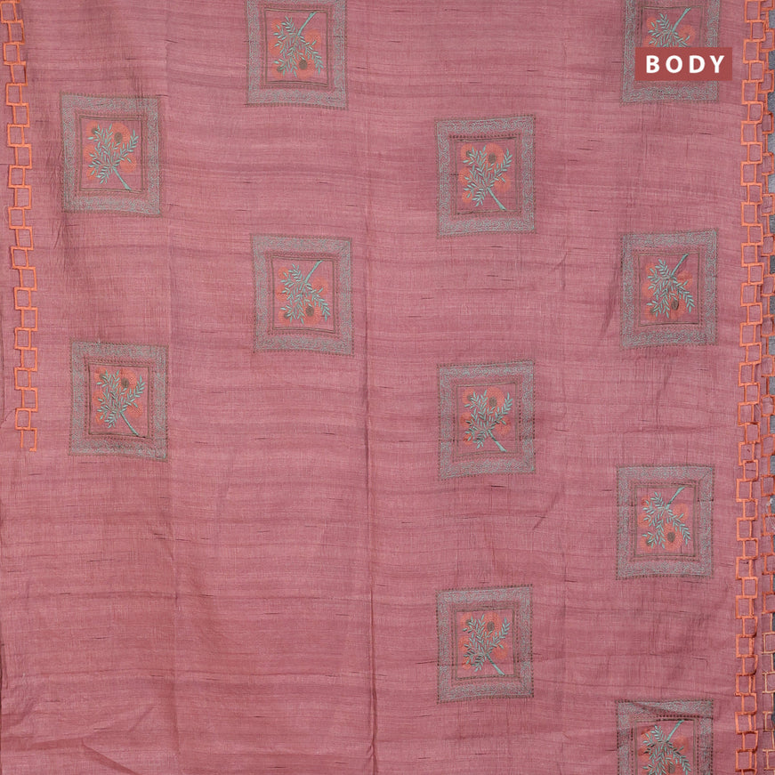 Semi raw silk saree brown with embroidery work buttas and embroidery work border