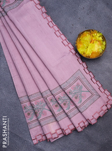 Semi raw silk saree pastel pink with embroidery work buttas and embroidery work border