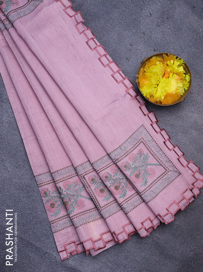 Semi raw silk saree pastel pink with embroidery work buttas and embroidery work border