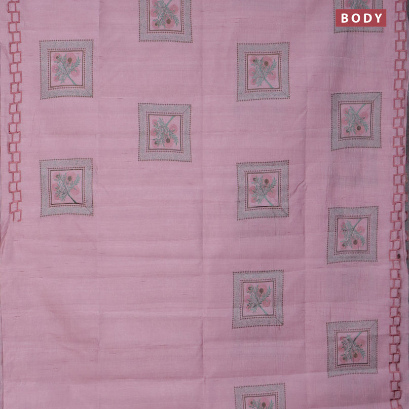 Semi raw silk saree pastel pink with embroidery work buttas and embroidery work border