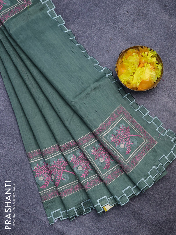 Semi raw silk saree green shade with embroidery work buttas and embroidery work border