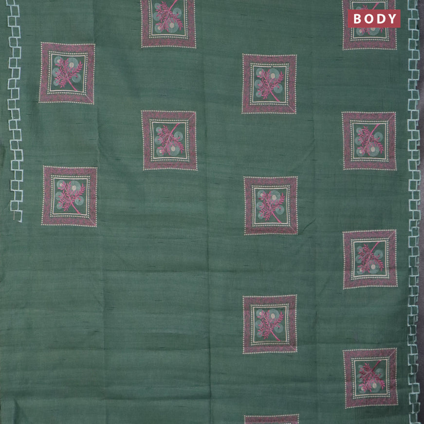 Semi raw silk saree green shade with embroidery work buttas and embroidery work border