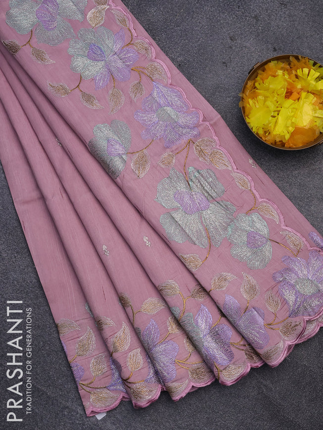 Semi raw silk saree pastel pink with embroidery work buttas and floral design embroidery work border