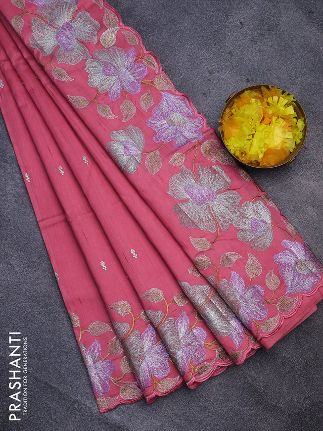 Semi raw silk saree pink shade with embroidery work buttas and floral design embroidery work border