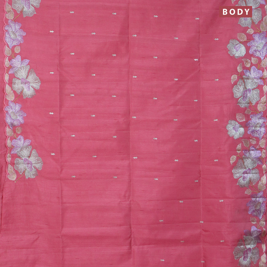 Semi raw silk saree pink shade with embroidery work buttas and floral design embroidery work border