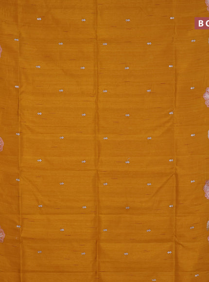 Semi raw silk saree mustard yellow with embroidery work buttas and floral design embroidery work border