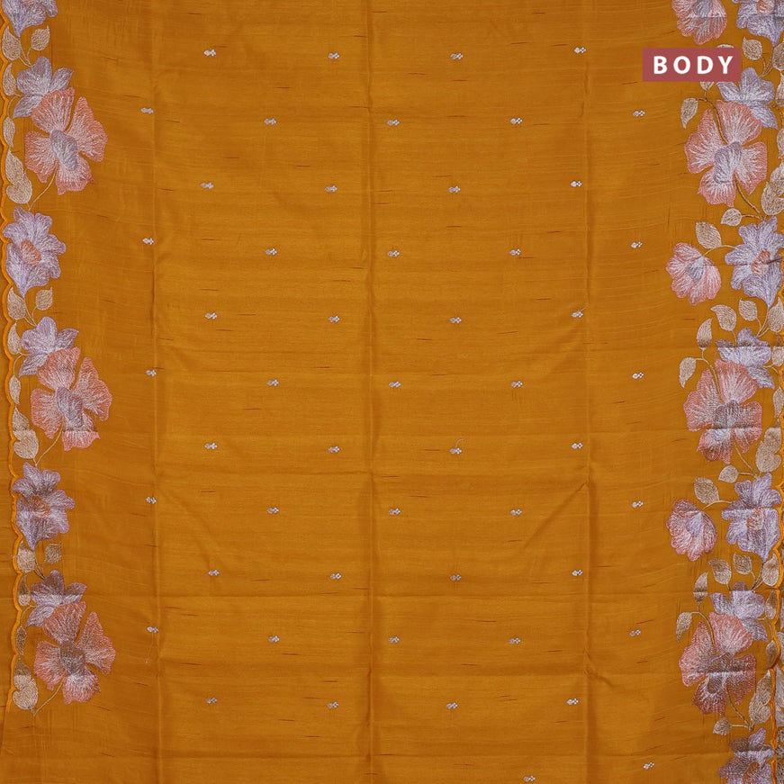 Semi raw silk saree mustard yellow with embroidery work buttas and floral design embroidery work border