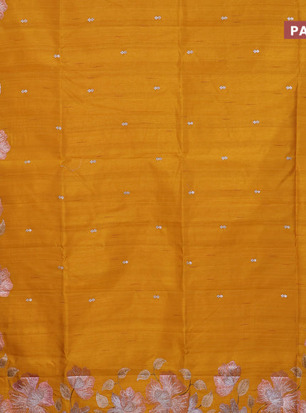 Semi raw silk saree mustard yellow with embroidery work buttas and floral design embroidery work border