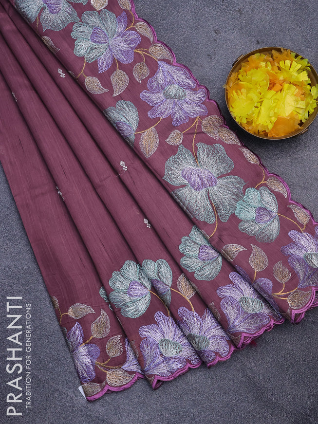 Semi raw silk saree rosy brown with embroidery work buttas and floral design embroidery work border