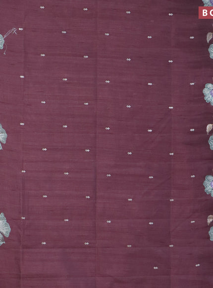 Semi raw silk saree rosy brown with embroidery work buttas and floral design embroidery work border