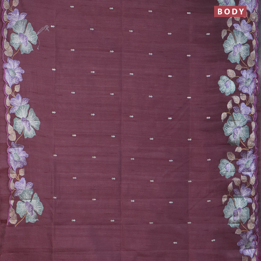 Semi raw silk saree rosy brown with embroidery work buttas and floral design embroidery work border