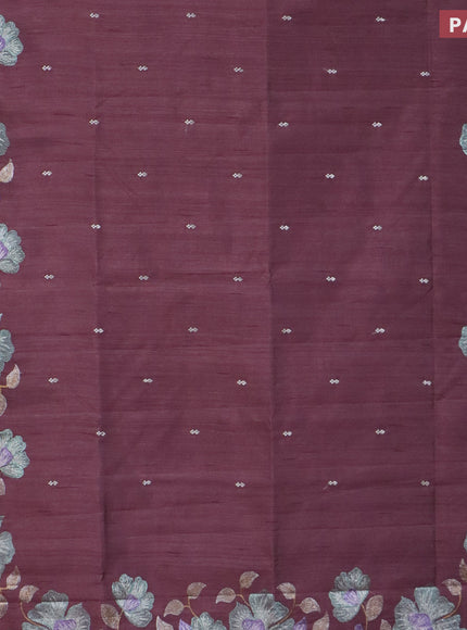 Semi raw silk saree rosy brown with embroidery work buttas and floral design embroidery work border