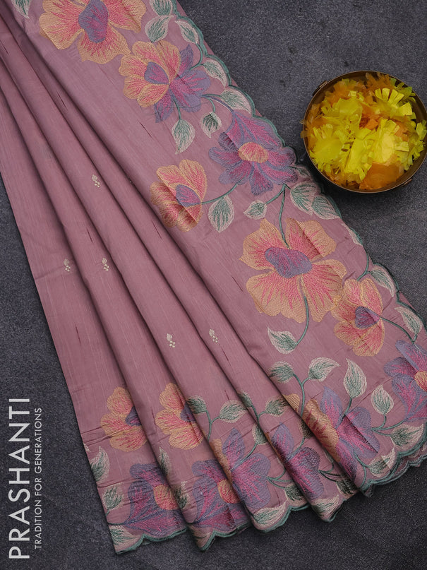 Semi raw silk saree pastel pink with embroidery work buttas and floral design embroidery work border