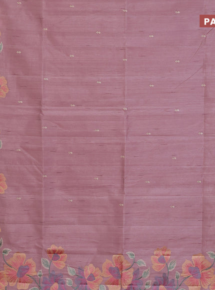 Semi raw silk saree pastel pink with embroidery work buttas and floral design embroidery work border