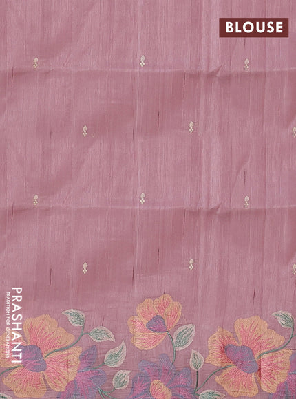 Semi raw silk saree pastel pink with embroidery work buttas and floral design embroidery work border