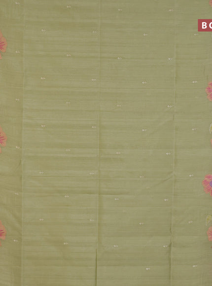 Semi raw silk saree pista green with embroidery work buttas and floral design embroidery work border