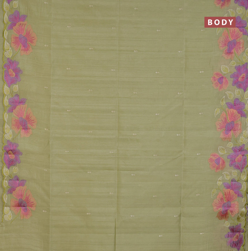 Semi raw silk saree pista green with embroidery work buttas and floral design embroidery work border