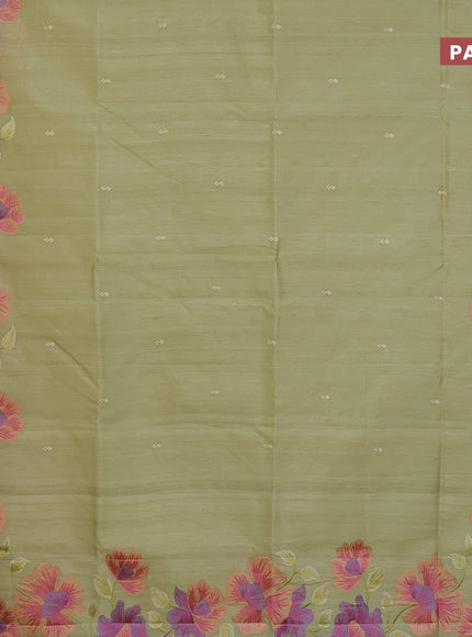 Semi raw silk saree pista green with embroidery work buttas and floral design embroidery work border